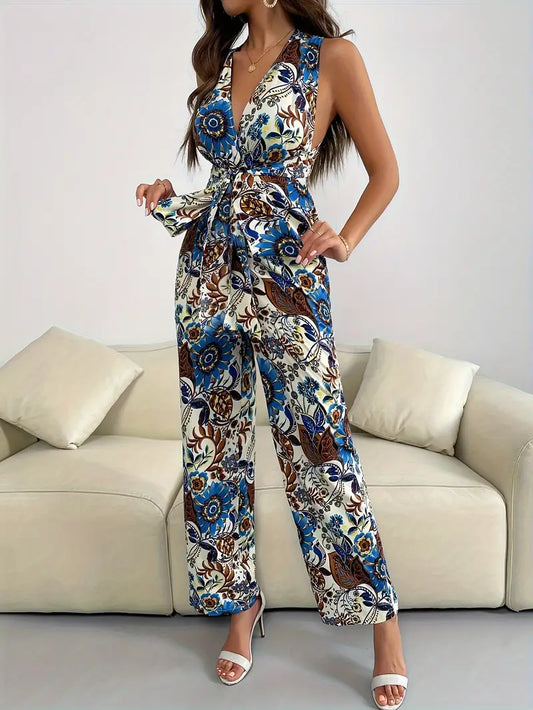 Zomerse jumpsuit met diepgaande V-hals, modern design en gekruiste rug