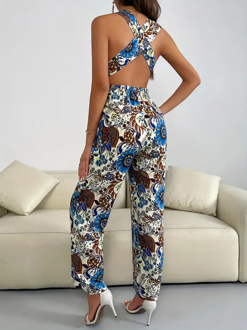 Zomerse jumpsuit met diepgaande V-hals, modern design en gekruiste rug