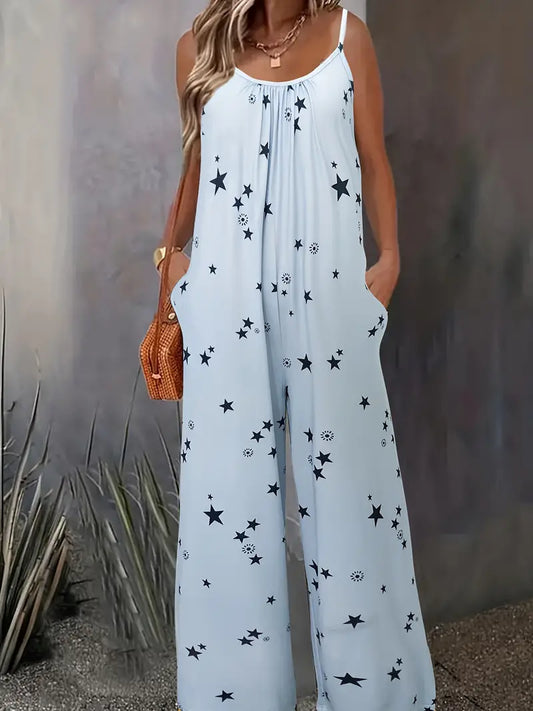 Luchtige jumpsuit met spaghettibandjes en sterrenmotief