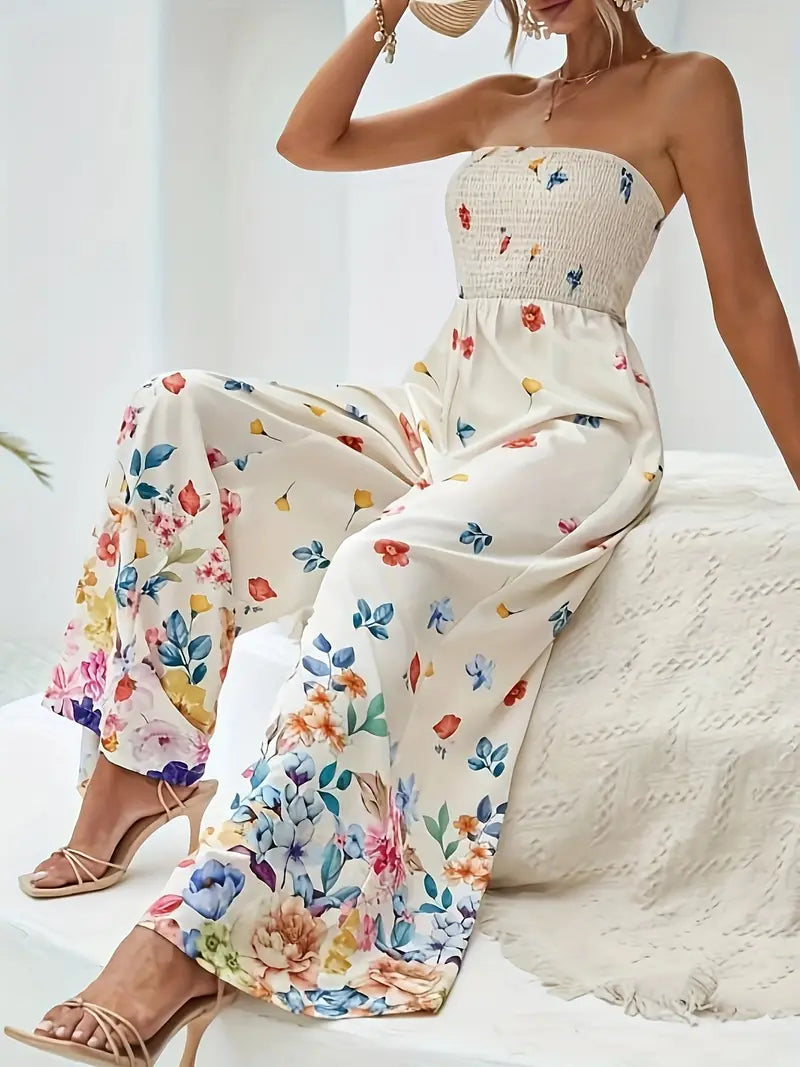 Mouwloze jumpsuit met elastische borst, wijde broekspijpen en vintage bloemenprint