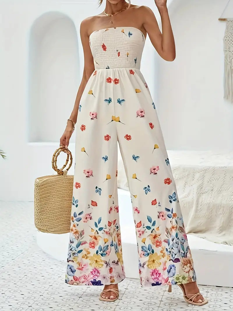 Mouwloze jumpsuit met elastische borst, wijde broekspijpen en vintage bloemenprint