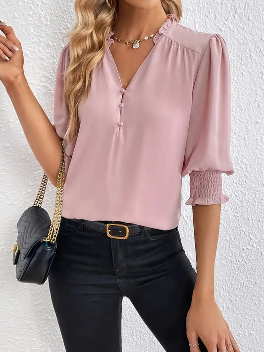 Casual damesblouse met V-hals en 3/4 pofmouw