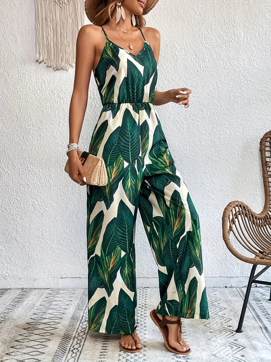 Jumpsuit met bladerprint, halfopen rugzijde en wijde broekspijpen