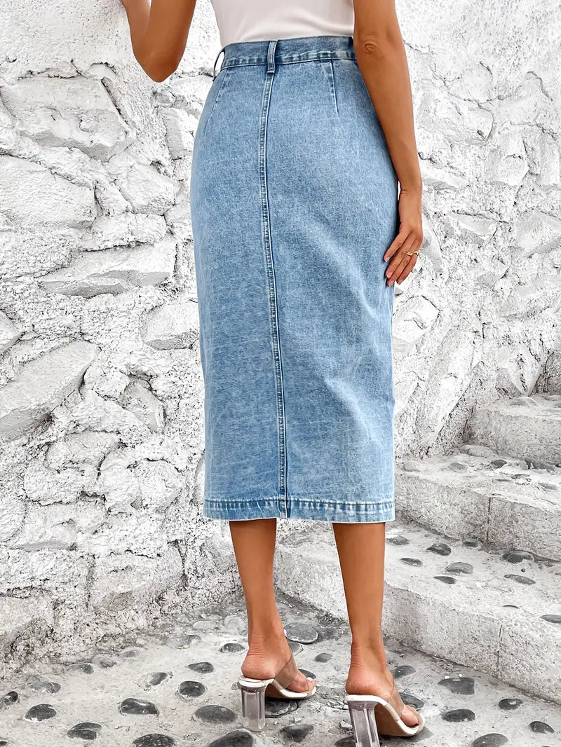 Alledaagse denim rok met dijsplit en knoopsluiting