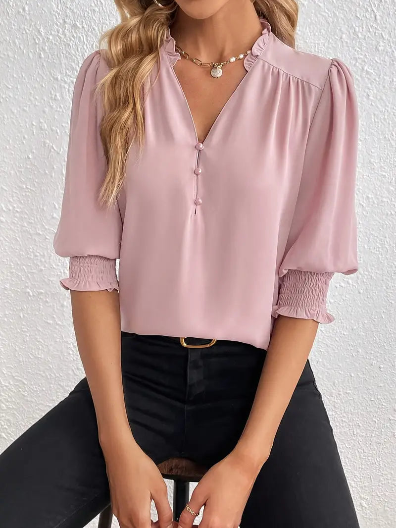 Casual damesblouse met V-hals en 3/4 pofmouw