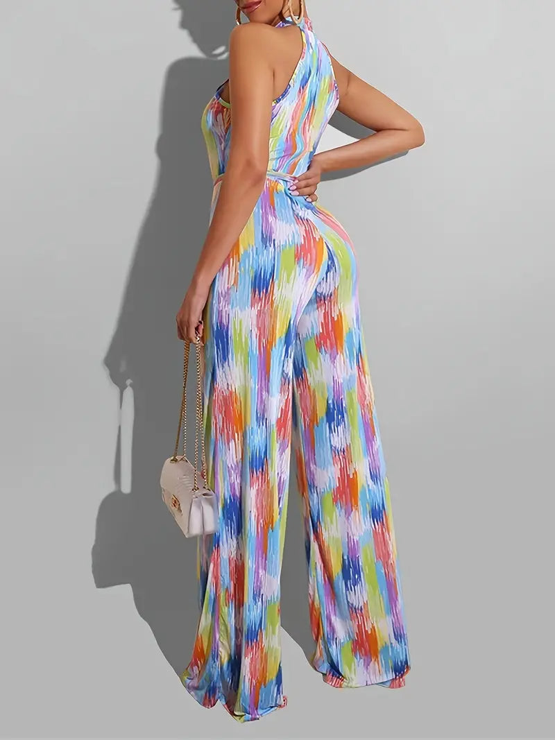 Zomerse jumpsuit zonder mouwen met levendige print en wijde pijpen