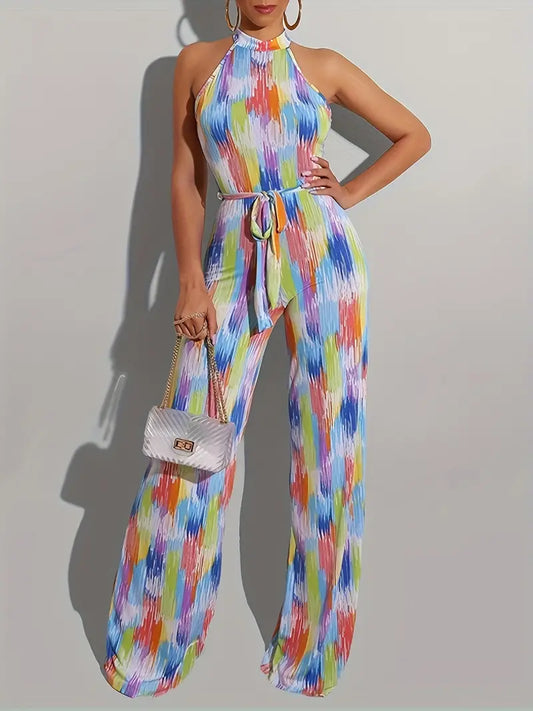 Zomerse jumpsuit zonder mouwen met levendige print en wijde pijpen