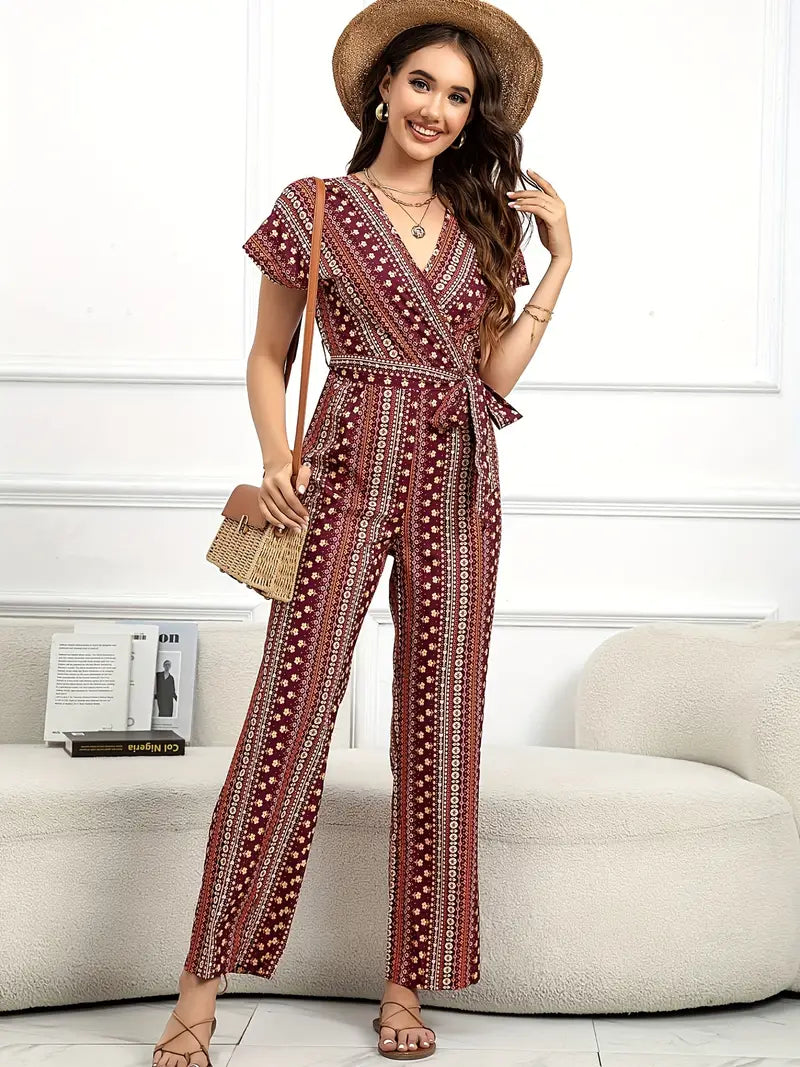 Jumpsuit met V-hals, tailleband, korte mouwen en all-over abstract design