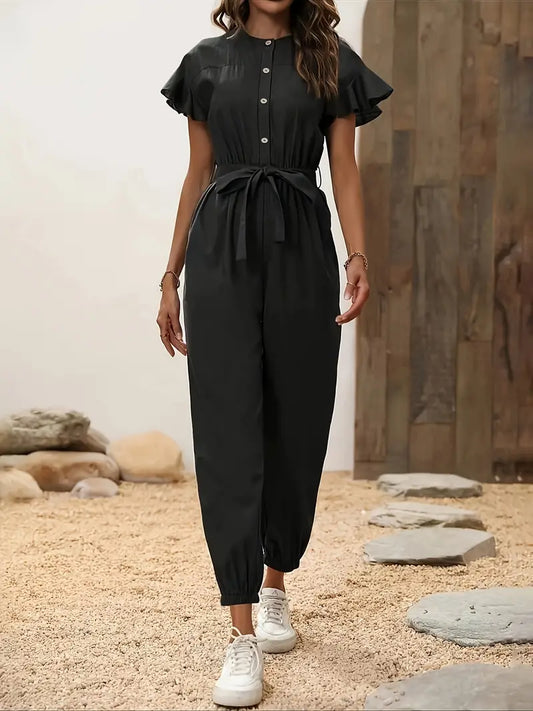 Casual jumpsuit met ruches op de aangeknipte mouwen, knopen en elastische broekspijpen