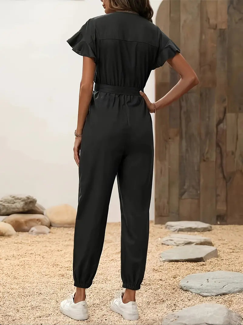 Casual jumpsuit met ruchemouwen en lus rond de taille