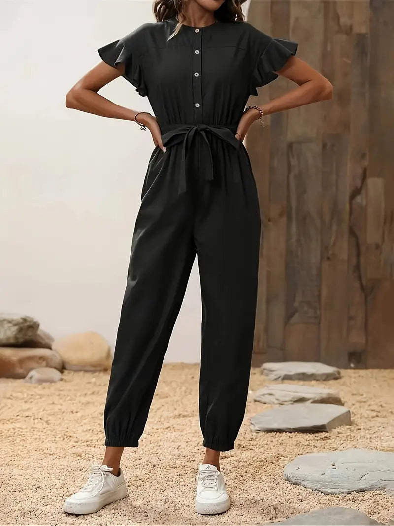 Casual jumpsuit met ruchemouwen en lus rond de taille