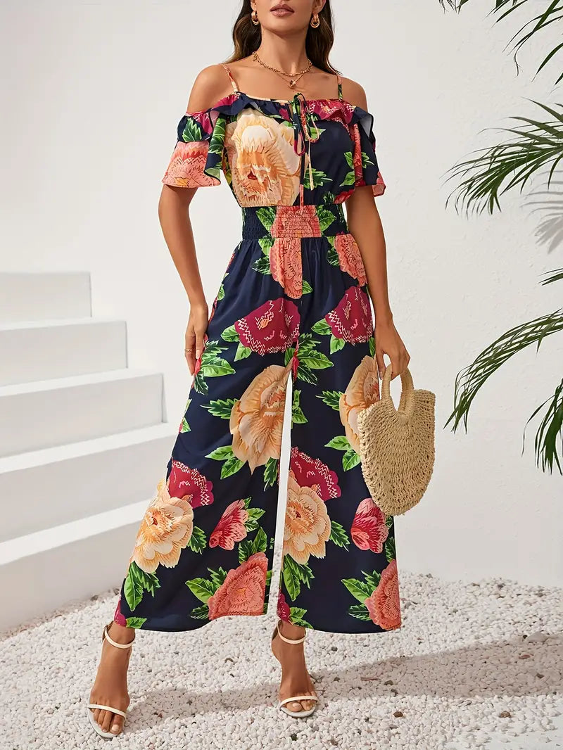 Jumpsuit met blote schouders en korte mouwen en vintage bloemenprint