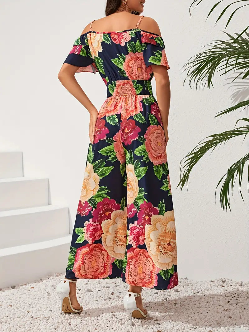 Jumpsuit met blote schouders en korte mouwen en vintage bloemenprint