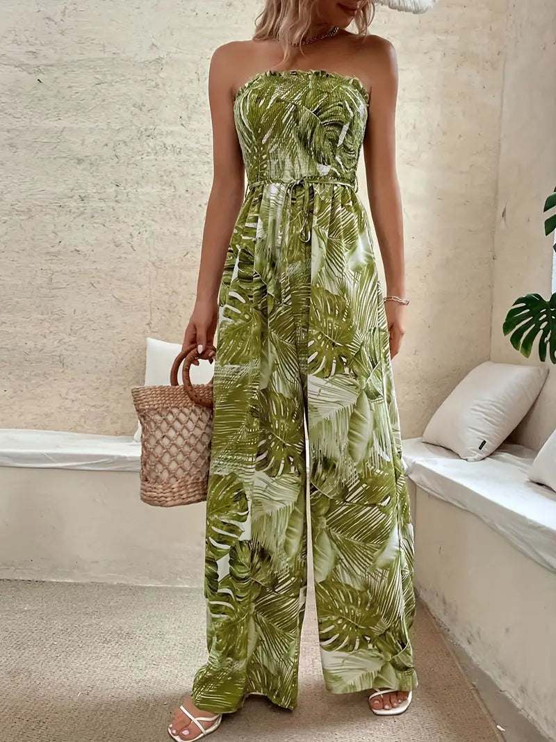 Gesmokte mouwloze jumpsuit met wijde pijpen en tropische print