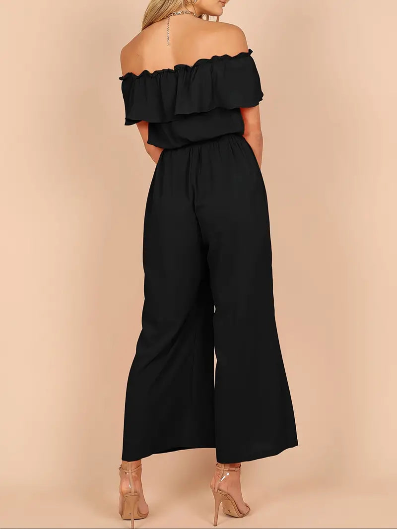 Casual mouwloze jumpsuit met blote schouders en ruches-afwerking op de borst en rugzijde