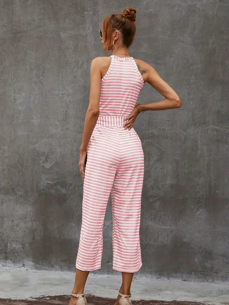 Casual jumpsuit zonder mouwen met gestreept patroon en 3/4 pijpen