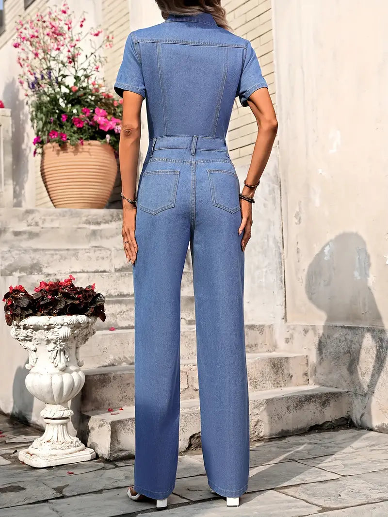 Denim jumpsuit met V-hals en korte mouwen