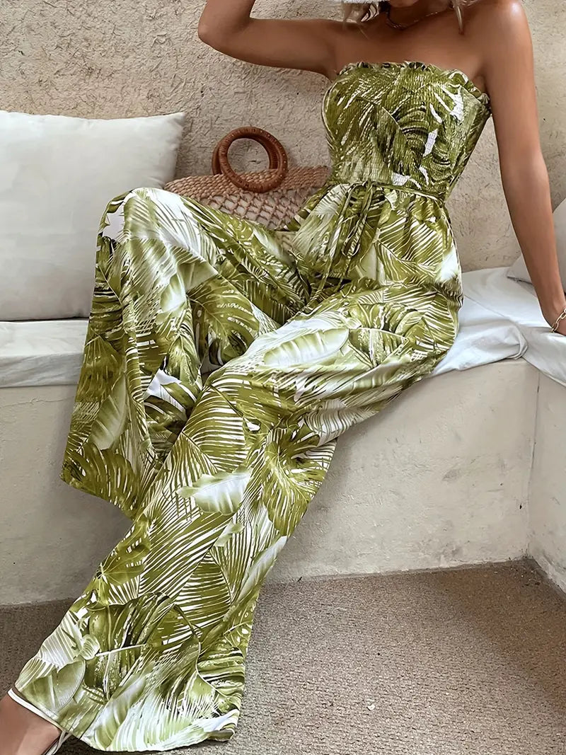 Gesmokte mouwloze jumpsuit met wijde pijpen en tropische print