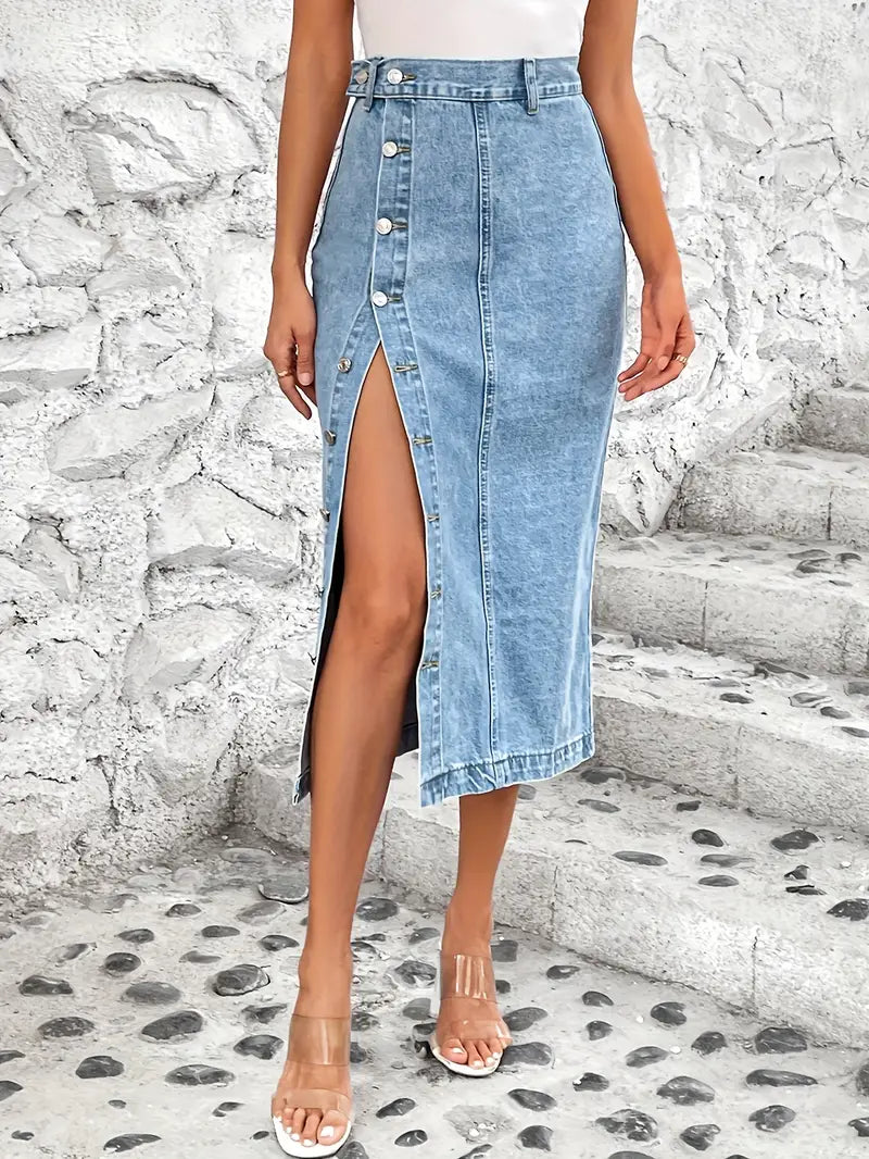 Alledaagse denim rok met dijsplit en knoopsluiting