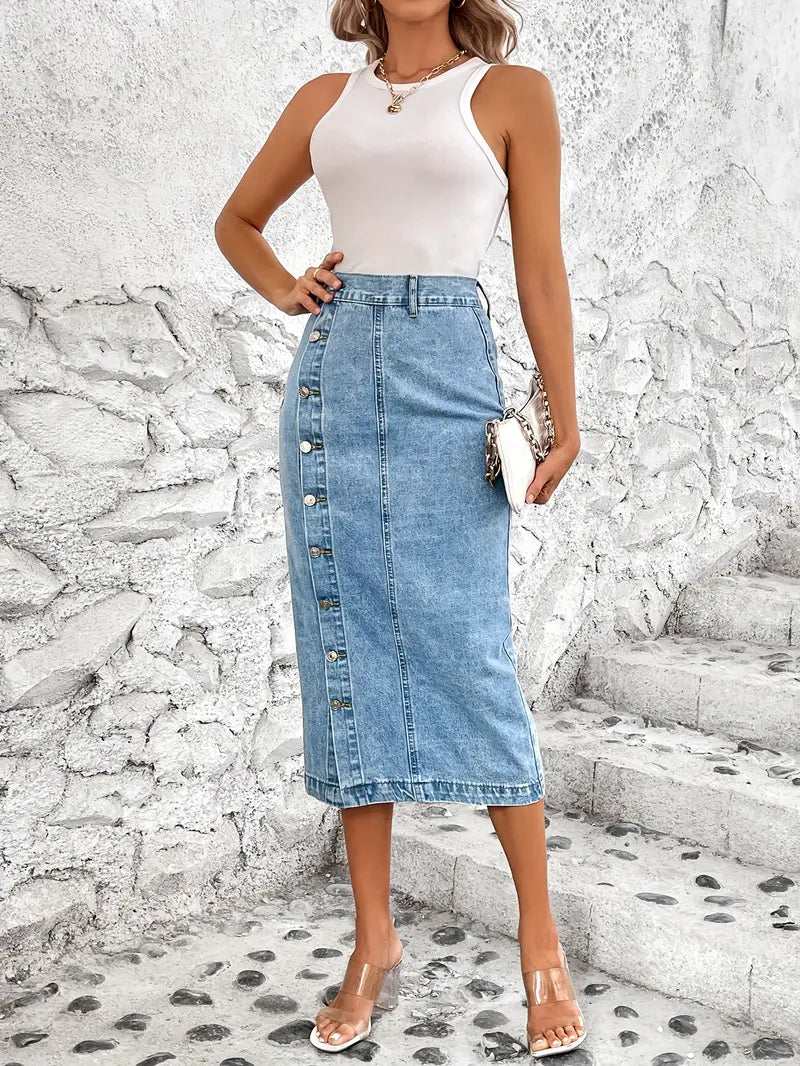 Alledaagse denim rok met dijsplit en knoopsluiting