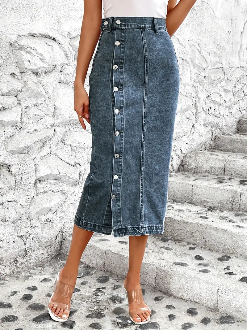 Alledaagse denim rok met dijsplit en knoopsluiting