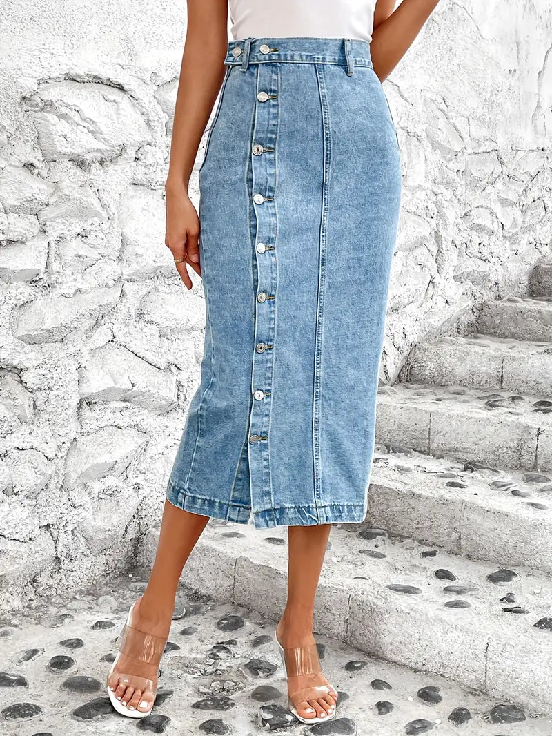 Alledaagse denim rok met dijsplit en knoopsluiting