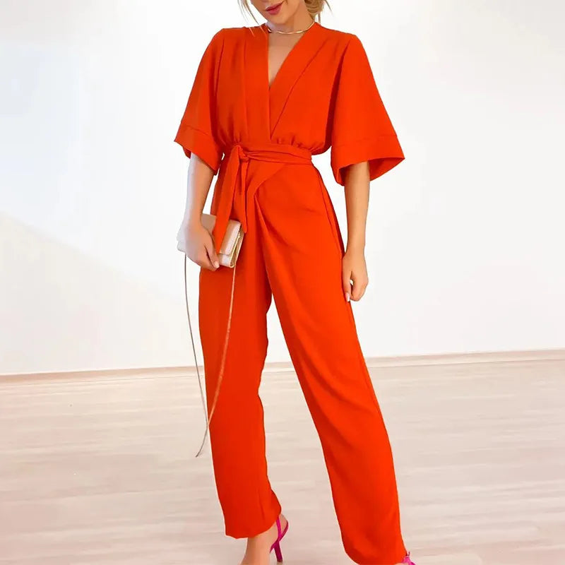 Casual jumpsuit met V-hals, losse mouwen en tailleceintuur