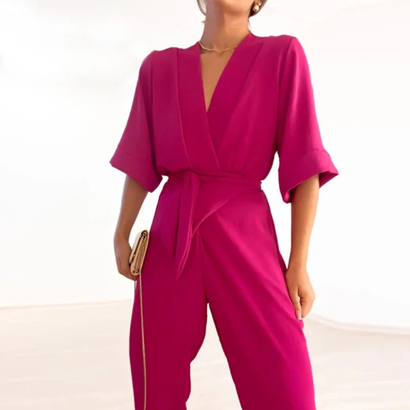 Casual jumpsuit met V-hals, losse mouwen en tailleceintuur