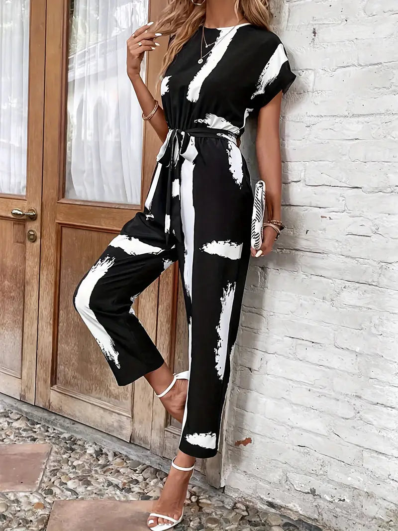 Jumpsuit met korte aangeknipte mouwen, taillestrik en gestreepte print