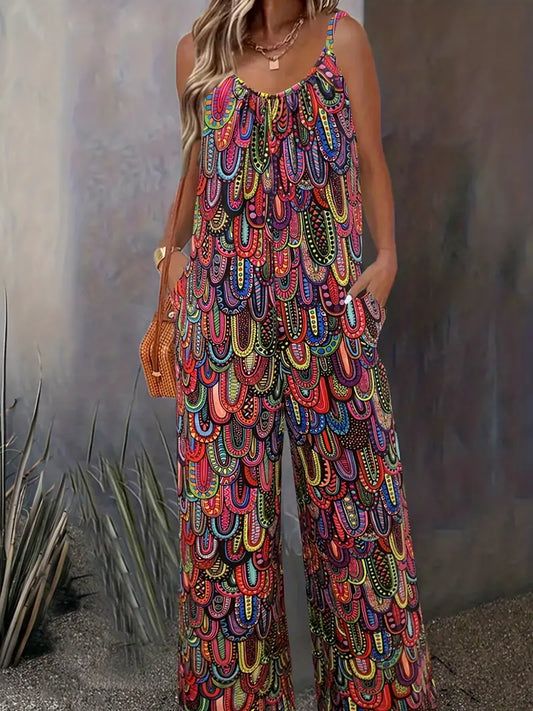 Zomerse jumpsuit zonder mouwen met levendig all-over motief