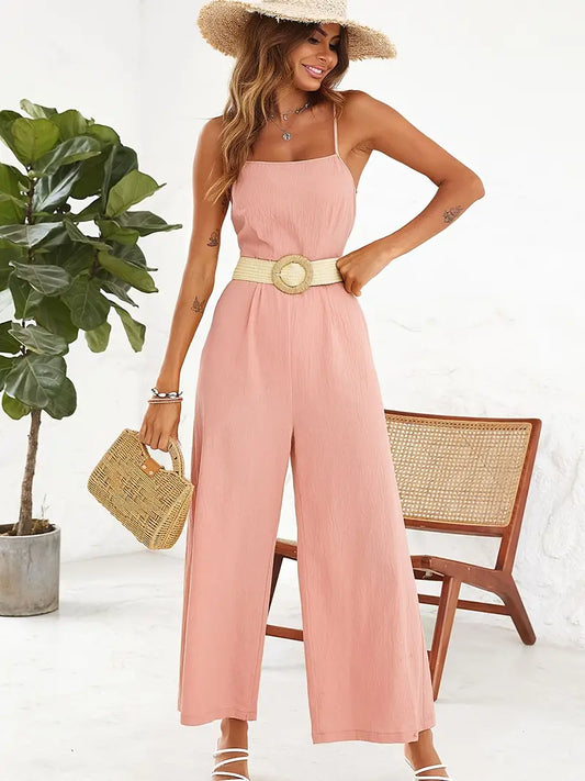 Zomerse jumpsuit met spaghettibandjes, wijde broekspijpen, halfopen rug en ceintuur ter afwerking