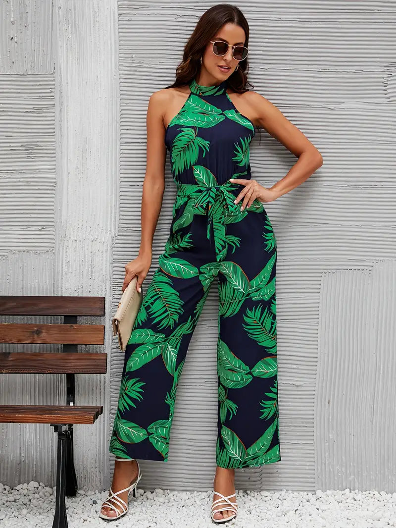 Jumpsuit met tropische bladerprint en blote schouders